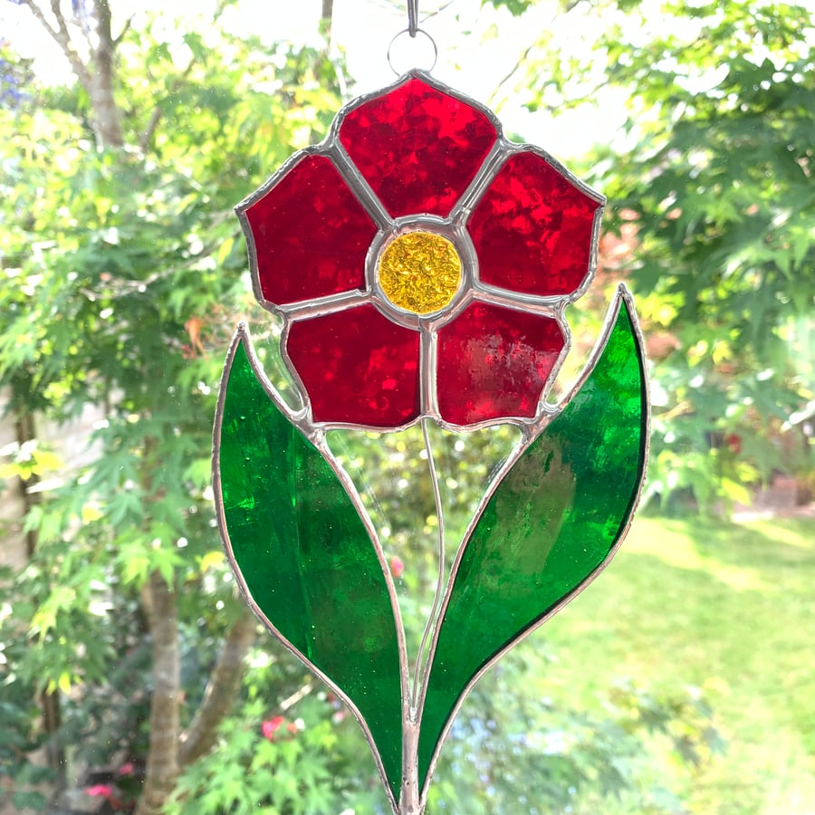 Stained Glass Poppy Suncatcher - Handmade Hanging Decoration Red