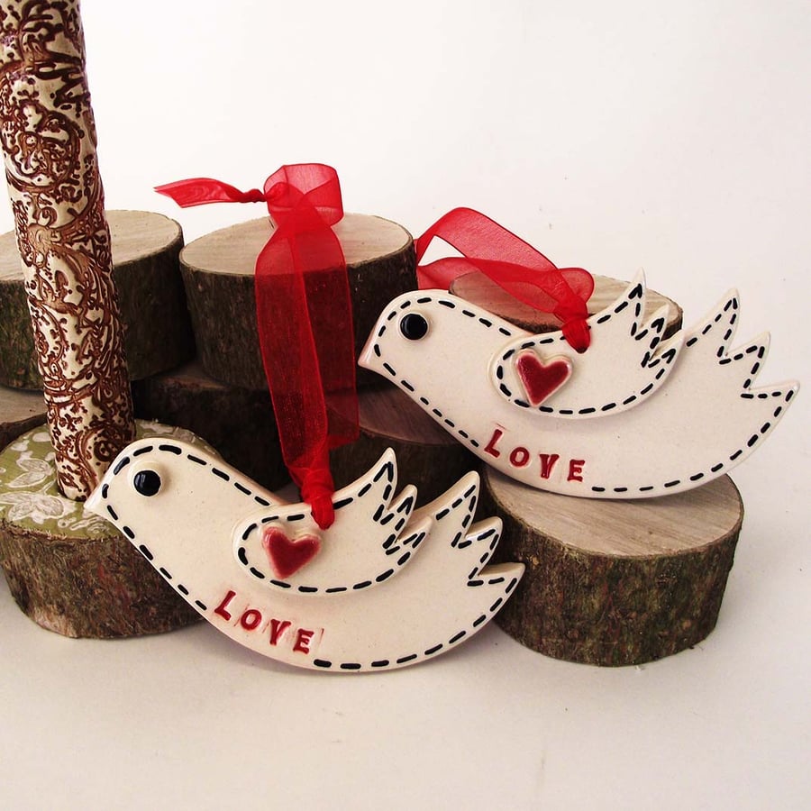 Pottery Dove Love Heart, Hanging decoration, Wedding gift, Ceramic bird.