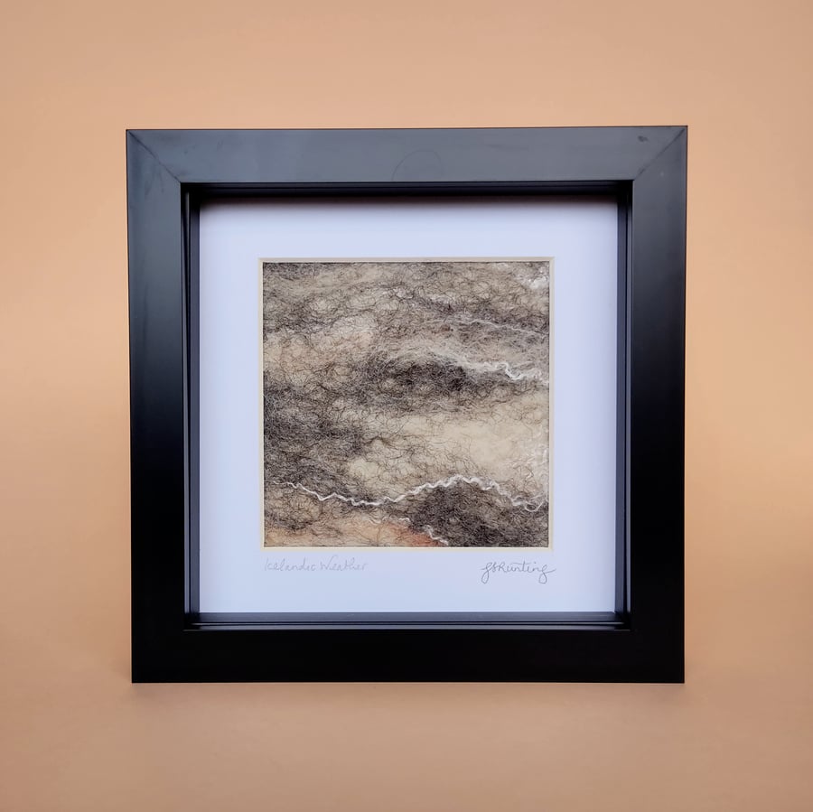 "Icelandic Weather". Original abstract wool felt landscape. Framed wall art.