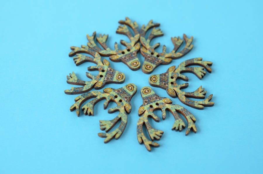 Wooden Stag Buttons Blues Aqua 6pk 30x30mm Deer Antlers (STG6)