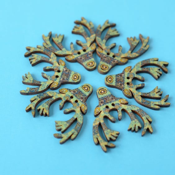 Wooden Stag Buttons Blues Aqua 6pk 30x30mm Deer Antlers (STG6)