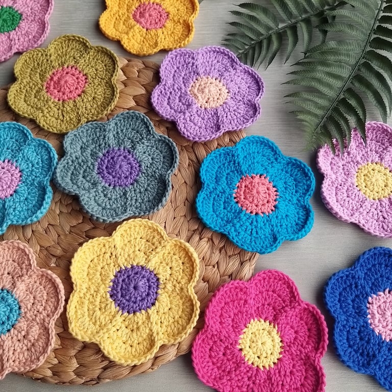  Crochet Funky Flower Coasters Set of 4