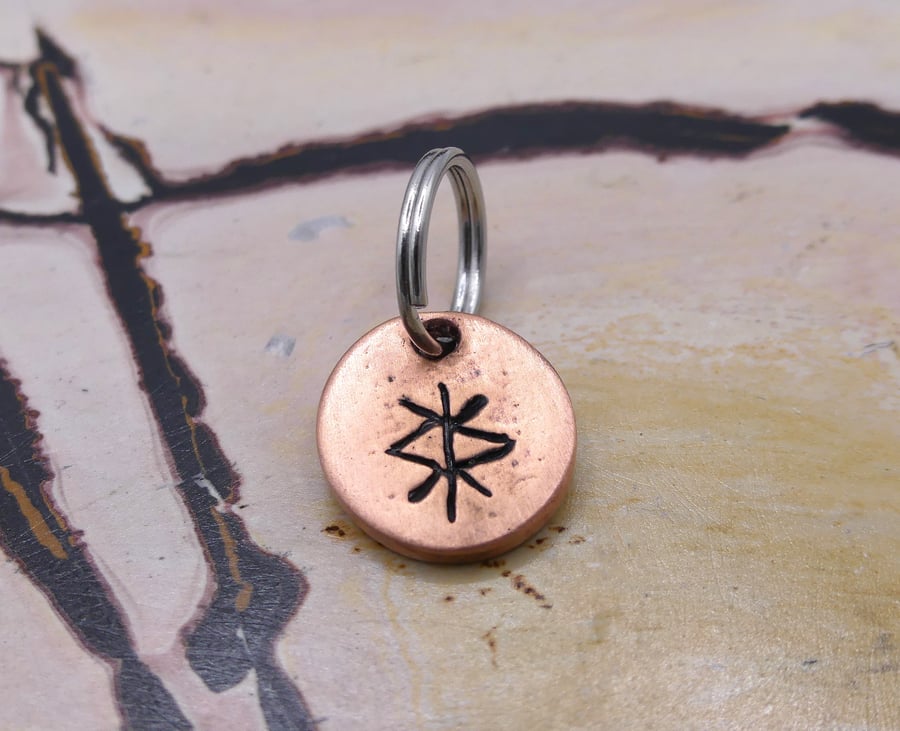 Recycled Round Copper Protection Bindrune Split Keyring Charm, Bag Charm.