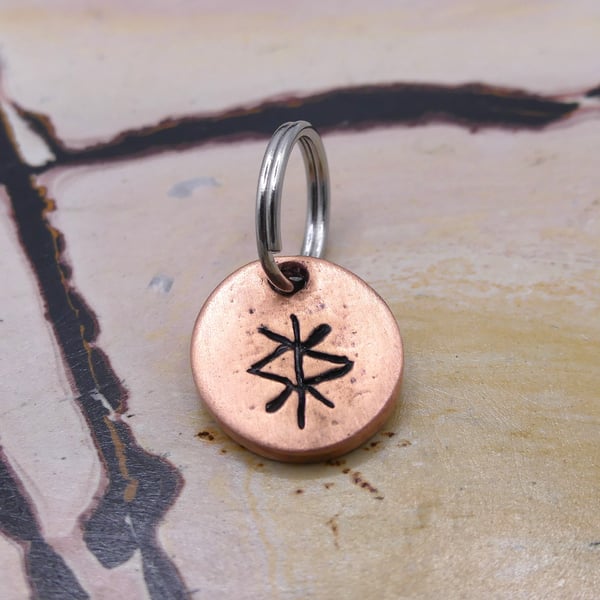 Recycled Round Copper Protection Bindrune Split Keyring Charm, Bag Charm.