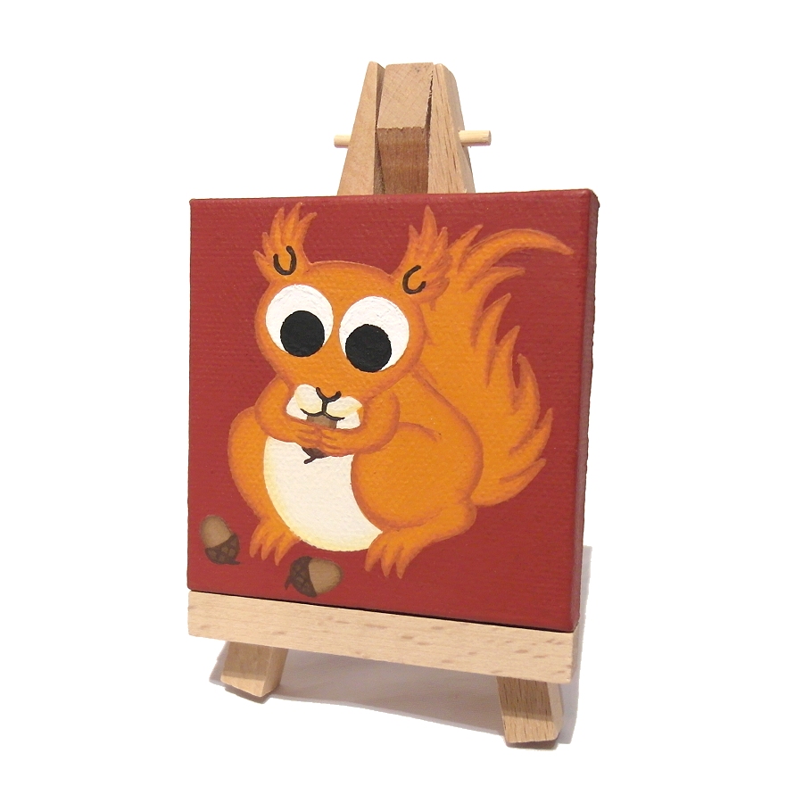 Squirrel Painting on Mini Canvas and Easel - cute red squirrel miniature art