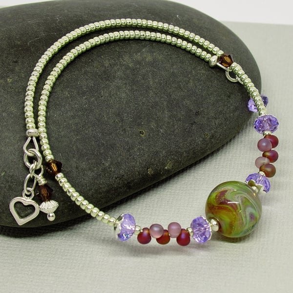 Light Amber Lampwork Glass Bead Memory Wire Bracelet