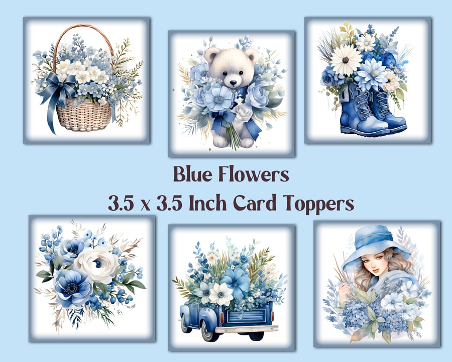 Blue Flowers Square Card Toppers for Card Making, Journals, Tags, Scrapbooks