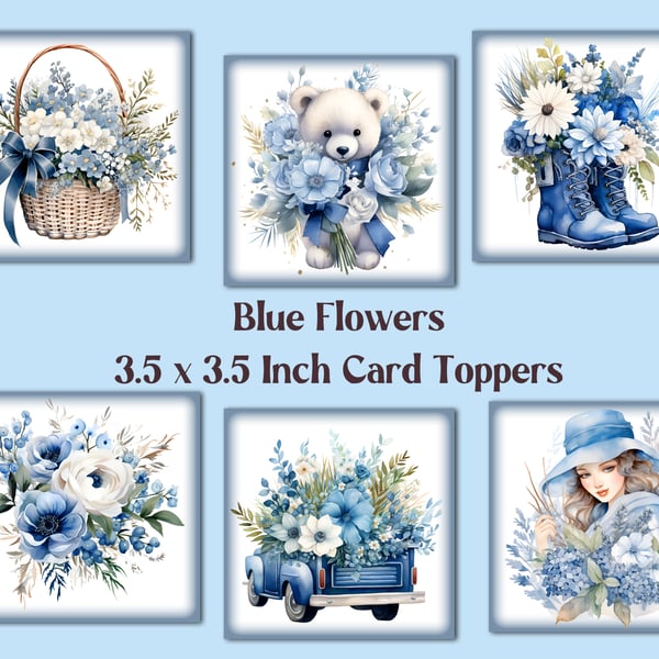 Blue Flowers Square Card Toppers for Card Making, Journals, Tags, Scrapbooks