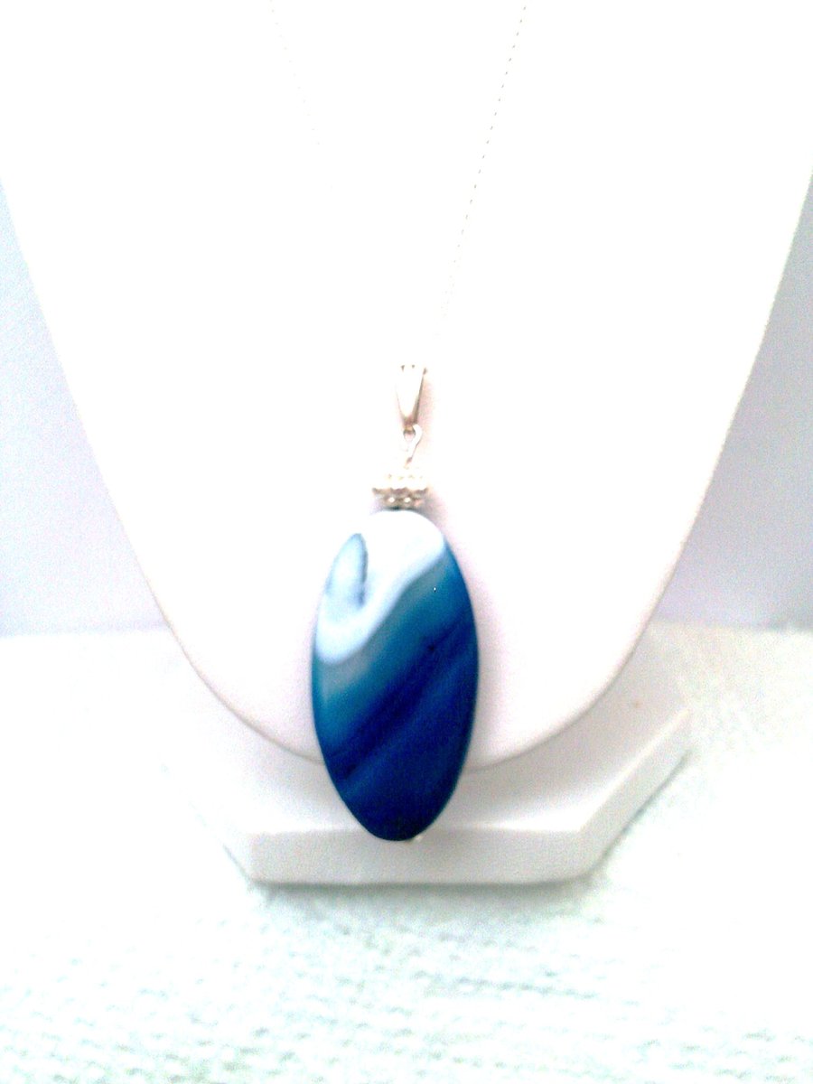 Blue Agate Pendant with Sterling Silver Chain, Large Blue Pendant for Women