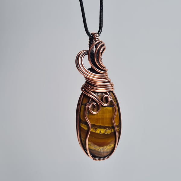 Handmade Large Statement Natural Tigers Eye & Copper Necklace Pendant Gift Boxed