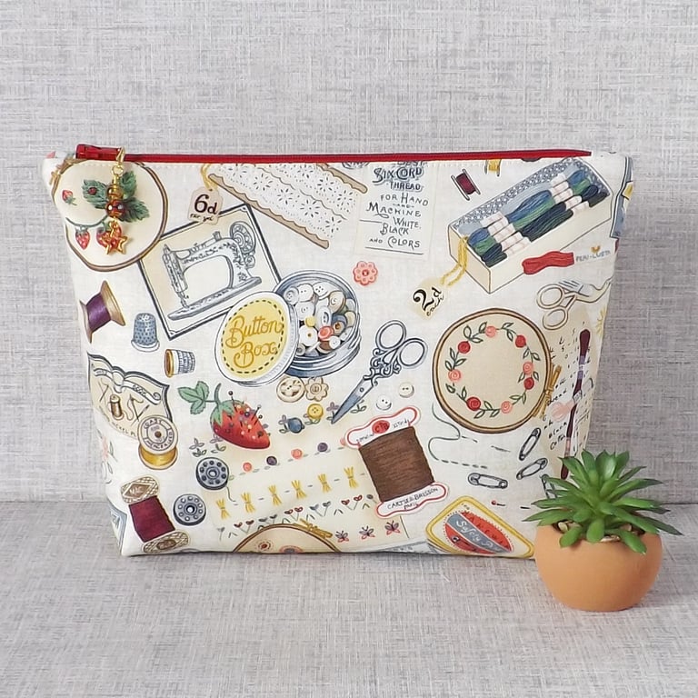 Large zipped pouch, project bag, cosmetic bag, sewing theme