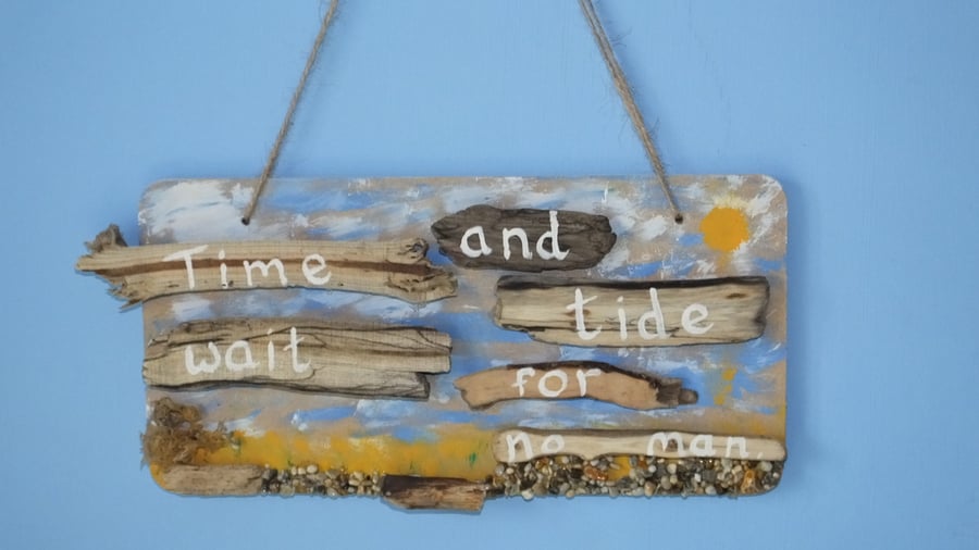 Seaside themed handpainted wallhanging "Time & tide wait for No Man"