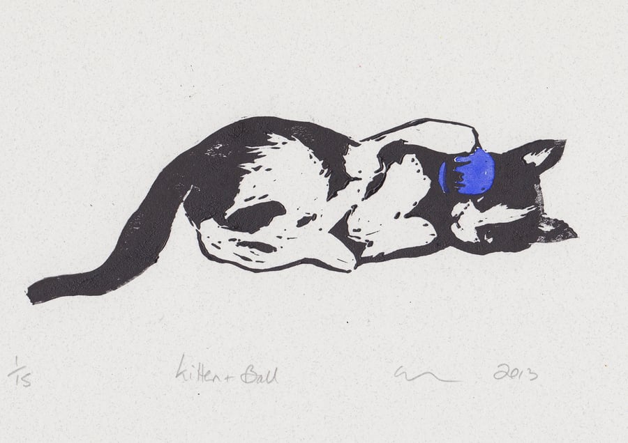 Kitten & Ball Limited Edition Hand-Pulled Linocut Print Cat