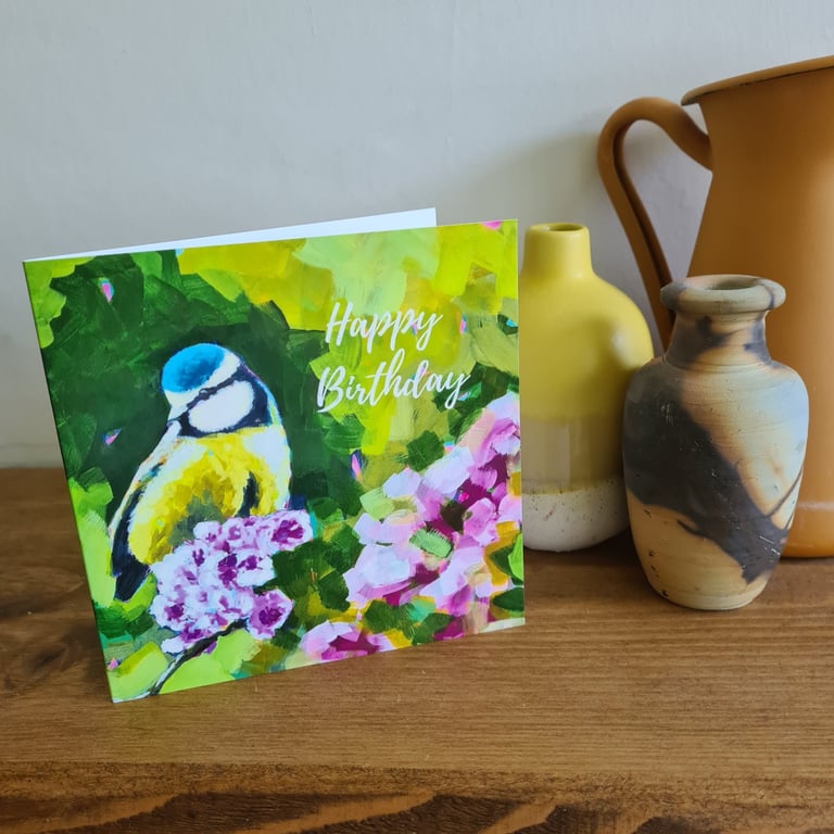 Blue tit painting printed birthday card