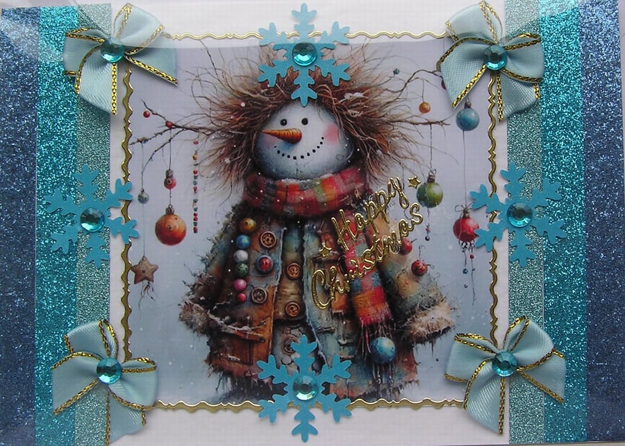 Hand Crafted Decoupage Chistmas Card - Happy Christmas (3366) Rustic Snowman