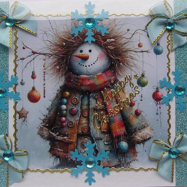 Hand Crafted Decoupage Chistmas Card - Happy Christmas (3366) Rustic Snowman