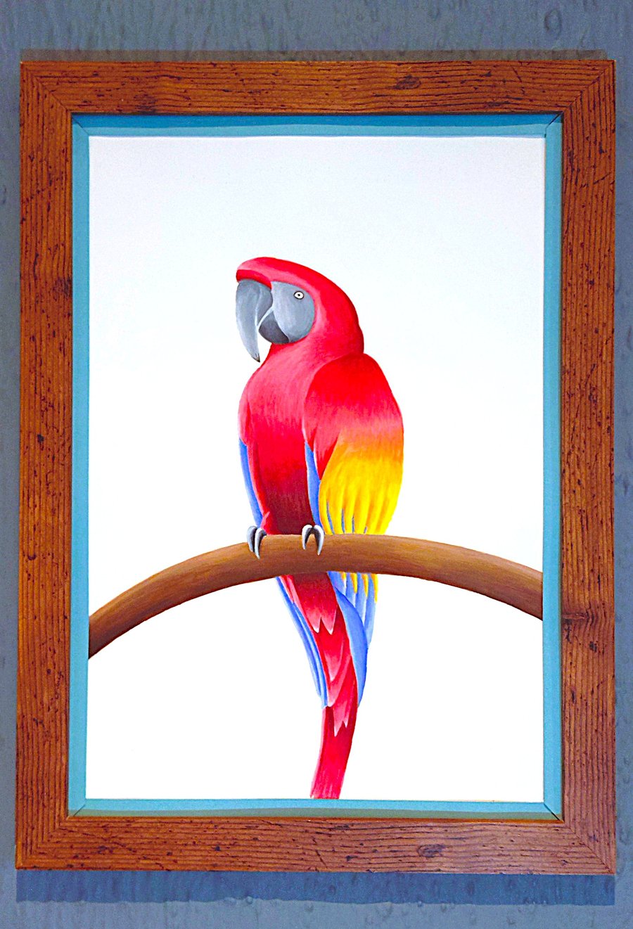 Handmade Unique Framed A3 Print Colourful Macau Parrot Sky Blue Border Wallart