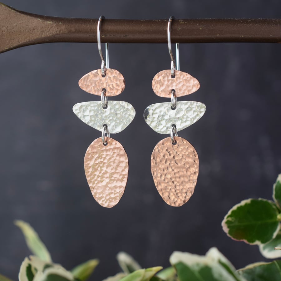 Mixed-metal Silver and Copper Textured Geometric Pebble Dangle Earrings