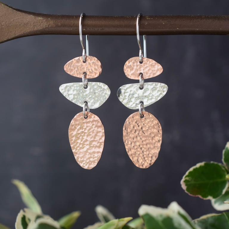 Mixed-metal Silver and Copper Textured Geometric Pebble Dangle Earrings