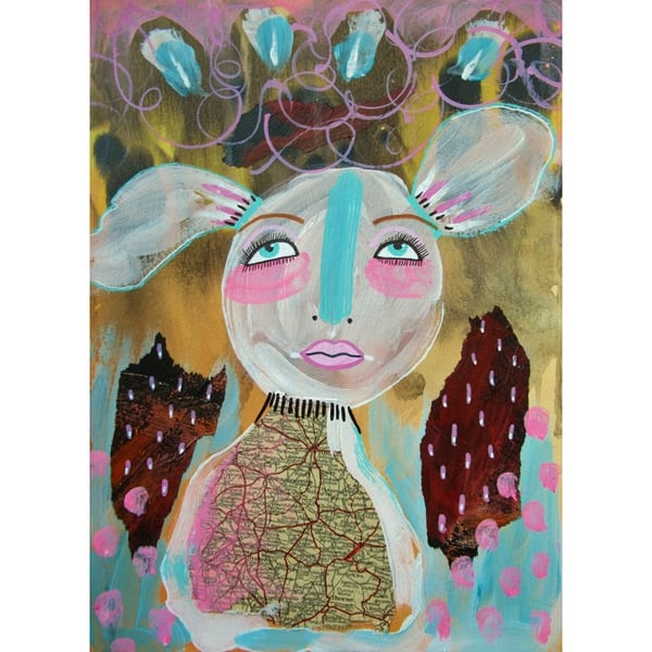 Naive Portrait Painting Blue Pink Weird People Acrylic Collage Outsider Folk Art