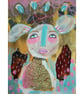 Naive Portrait Painting Blue Pink Weird People Acrylic Collage Outsider Folk Art