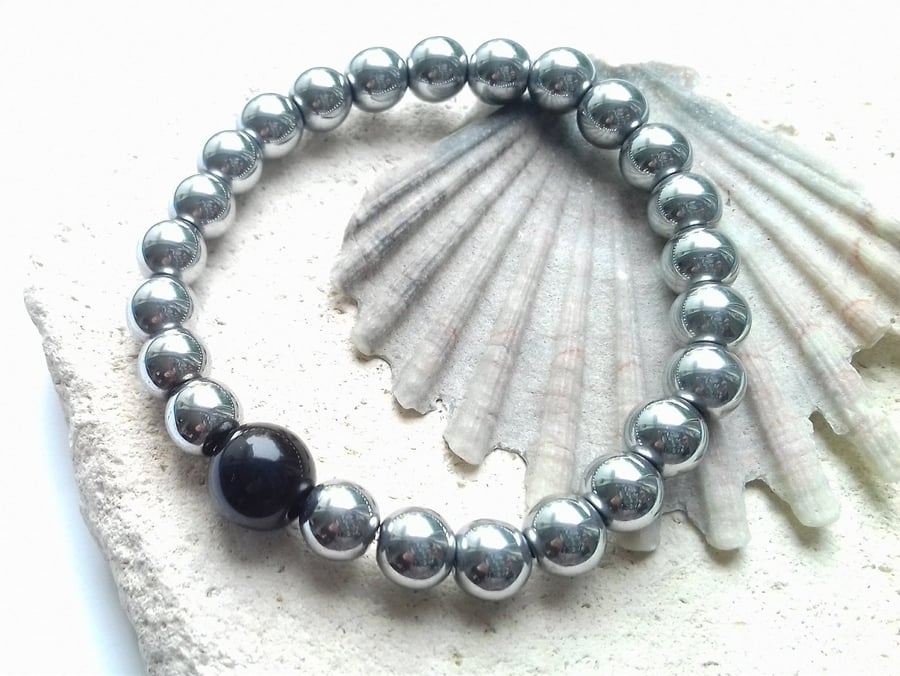 Men's Hematite Beaded Elastic Bracelet