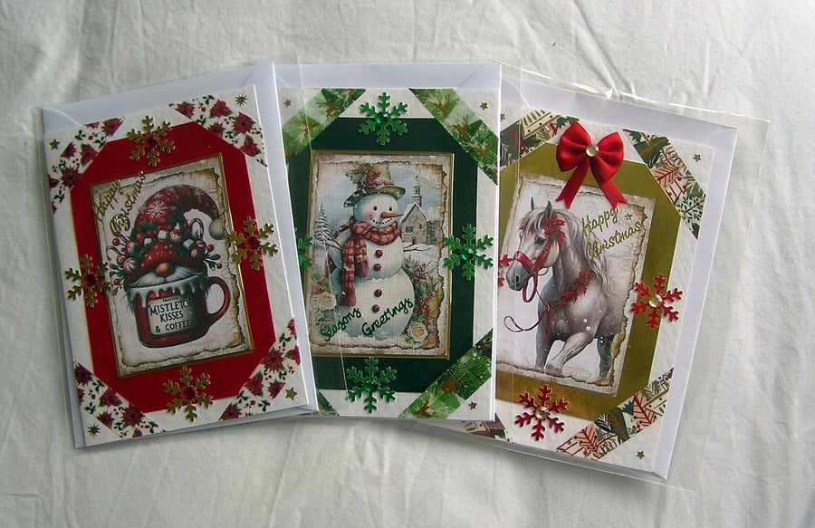 Set of 3 (Three) Beautiful Hand-Crafted Christmas Decoupage Greeting Cards (i)