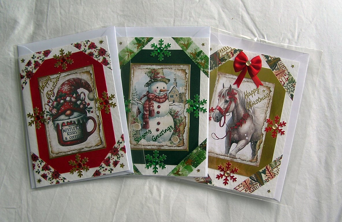 Set of 3 (Three) Beautiful Hand-Crafted Christmas Decoupage Greeting Cards (i)