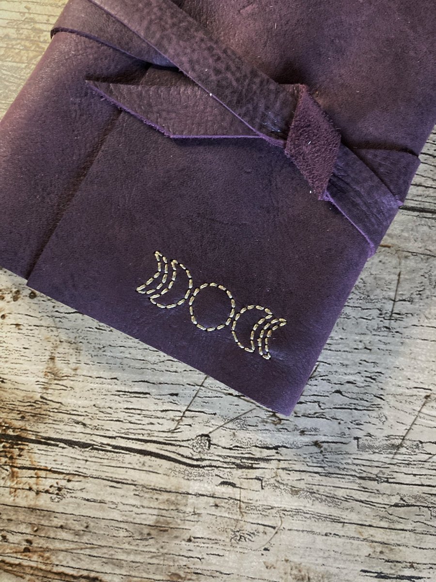 Lunar Phase A6 Leather Journal, Celestial Hand Embroidered Moon 6 x 4 Spell Book