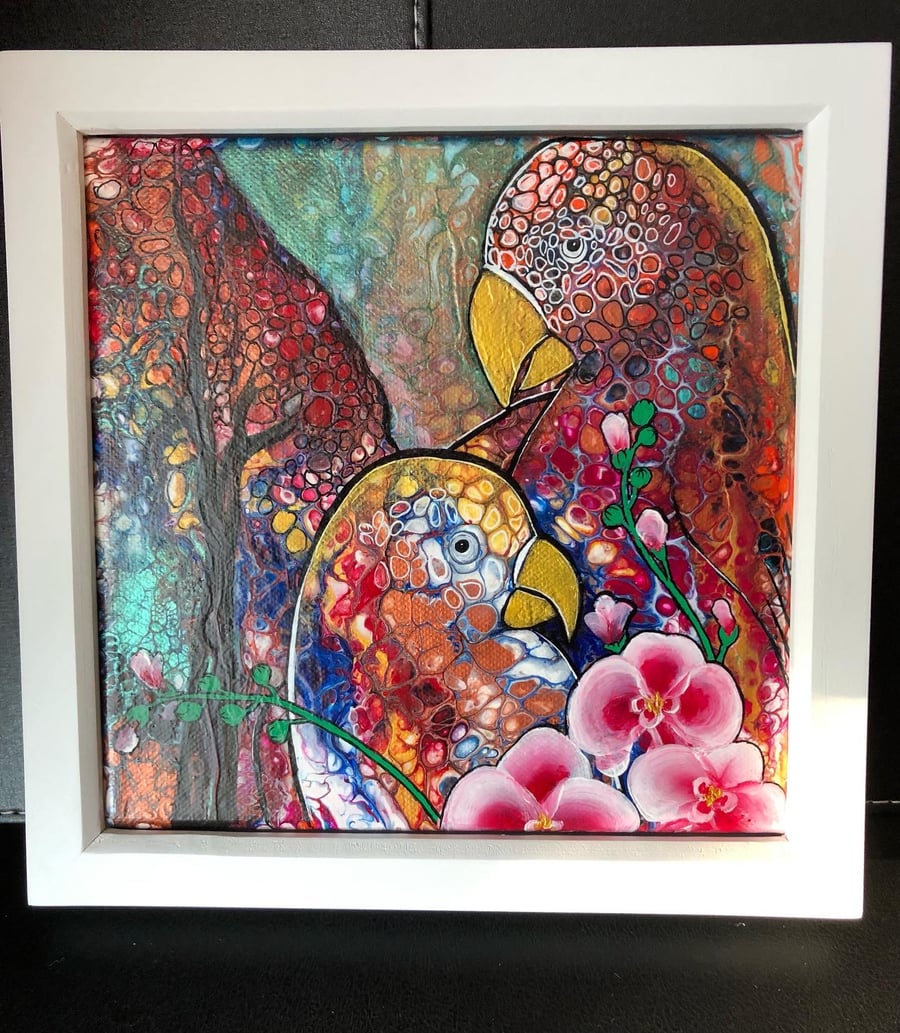 Acrylic painting, colourful, parrots, on canvas, framed