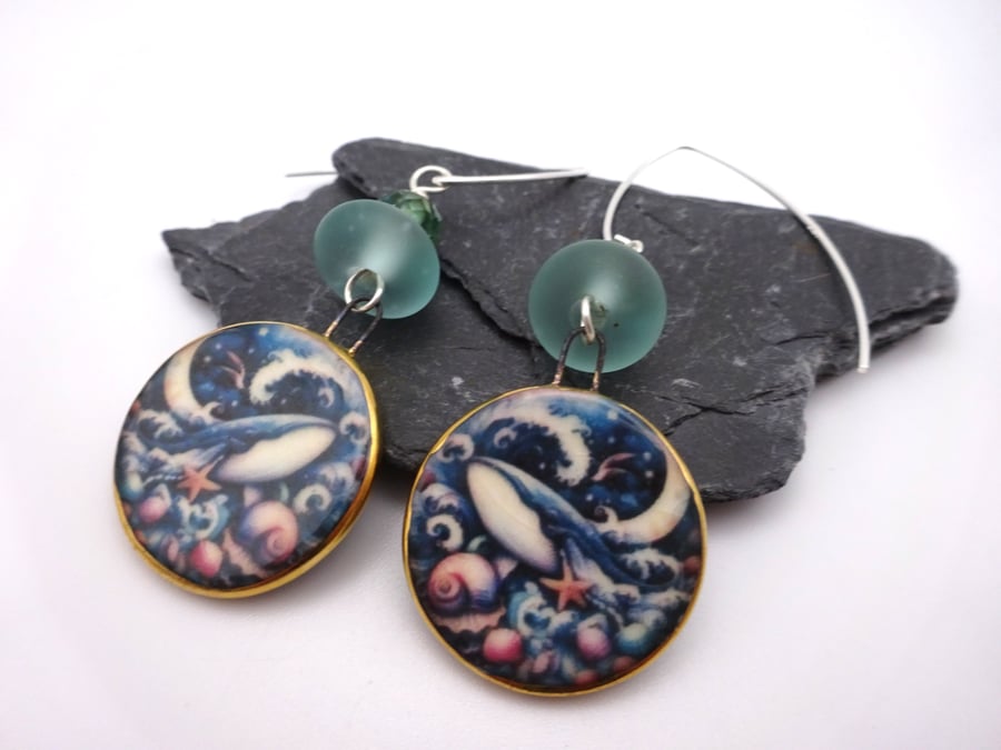 lampwork glass and blue whale ceramic earrings