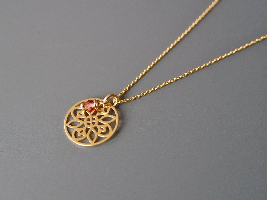 Garnet Birthstone gold plated 925 Sterling Silver Mandala Necklace