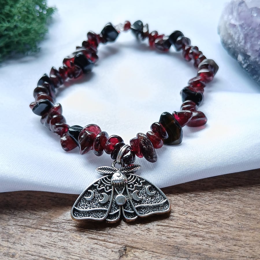 Lunar Moth Handmade Bracelet with Garnet and Obsidian 