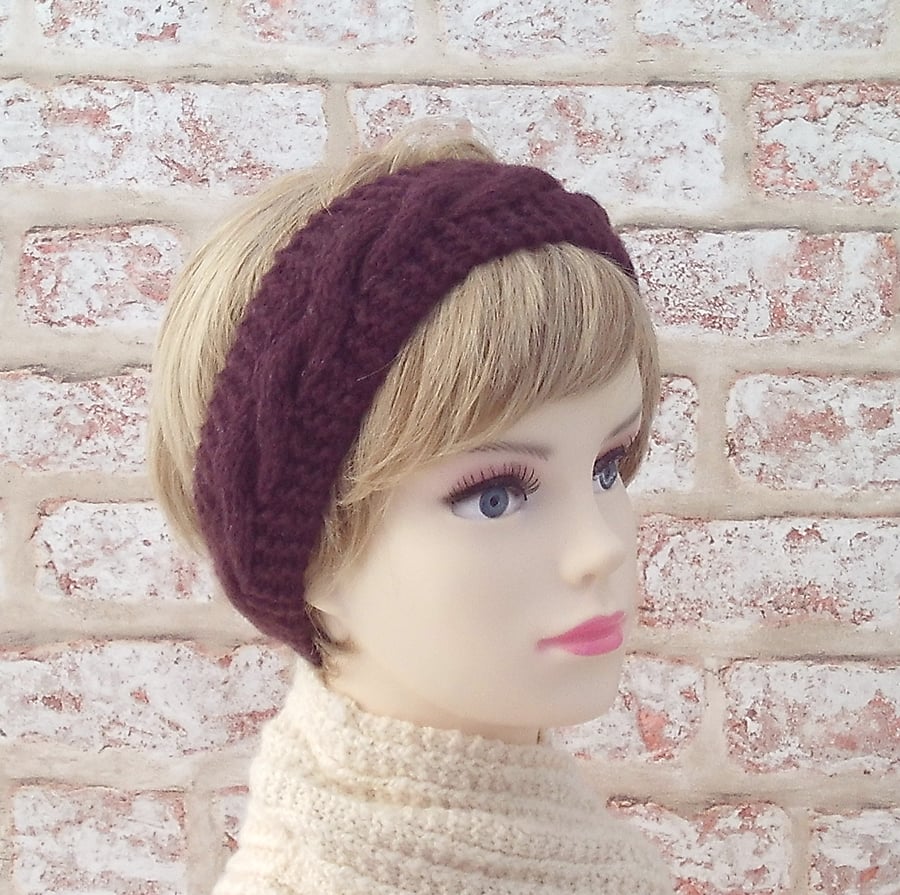 British wool hairband ladies knitted headband wine red maroon earwarmer