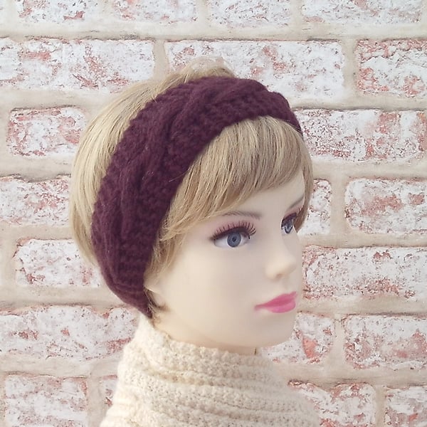 British wool hairband ladies knitted headband wine red maroon earwarmer
