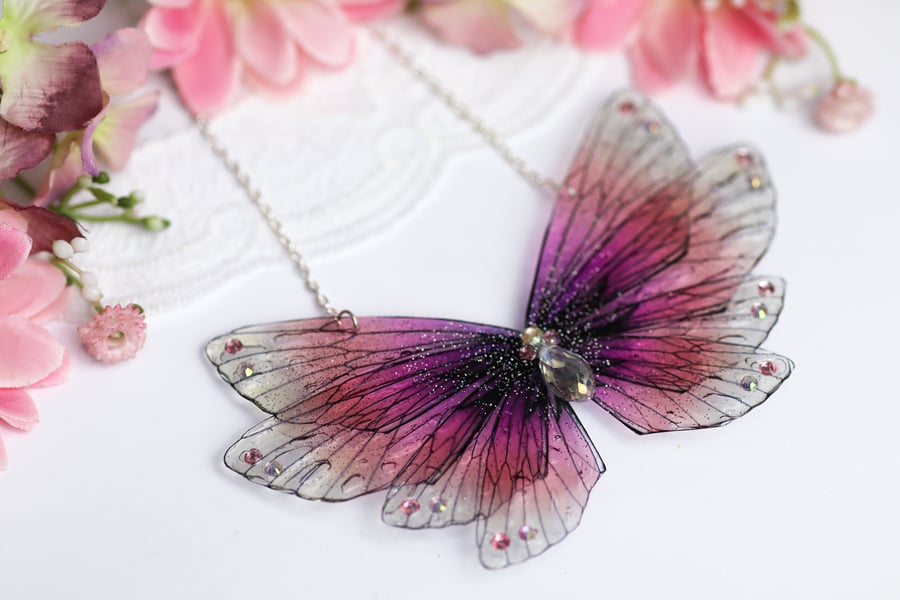 Fairy Wing Necklace - Butterfly Cicada - Tropical Pink - Fairycore - Gift - Boho