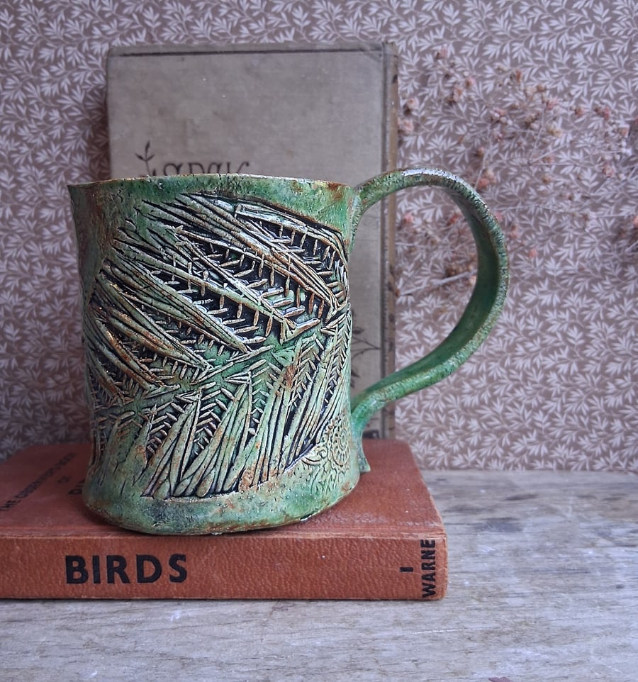 abstract fern linocut green brown Ceramic handmade coffee mug 