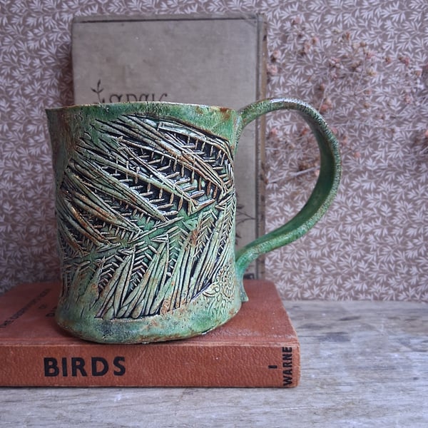 abstract fern linocut green brown Ceramic handmade coffee mug 