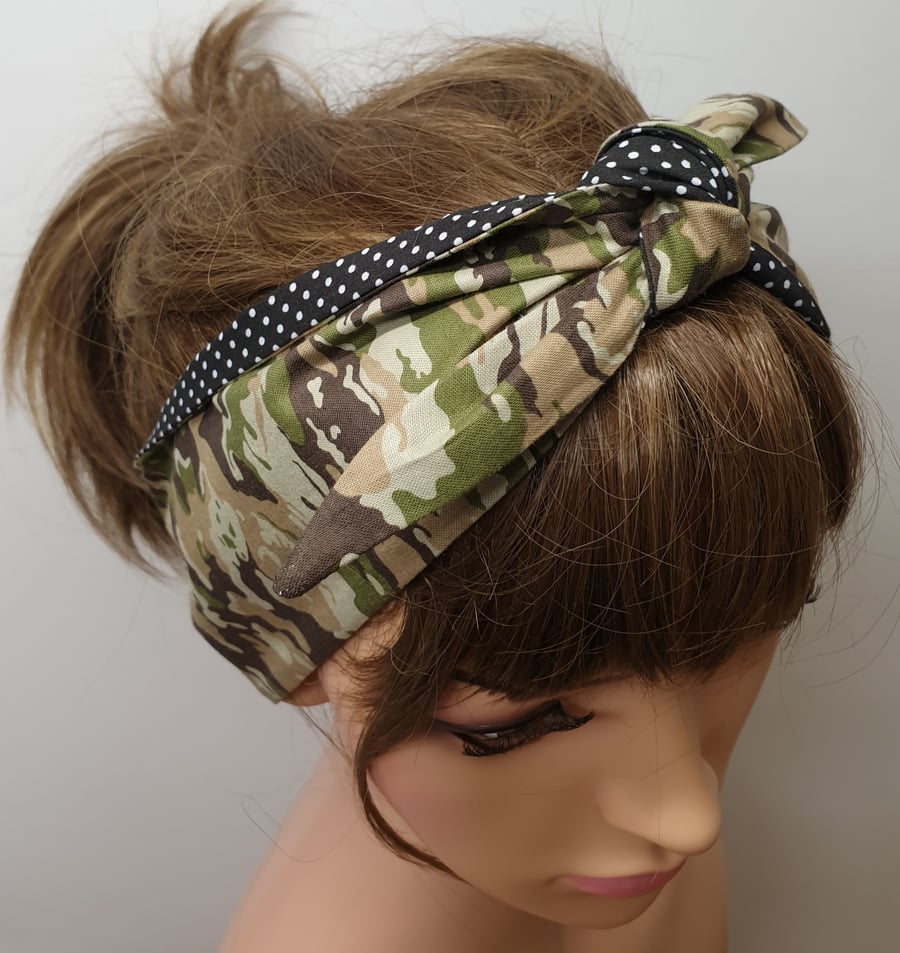 Self tie women reversible headband camouflage army style head scarf 50s headwear