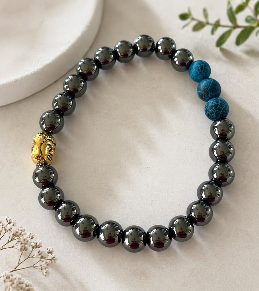 Unisex Bracelet Hematite and volcanic Stone.