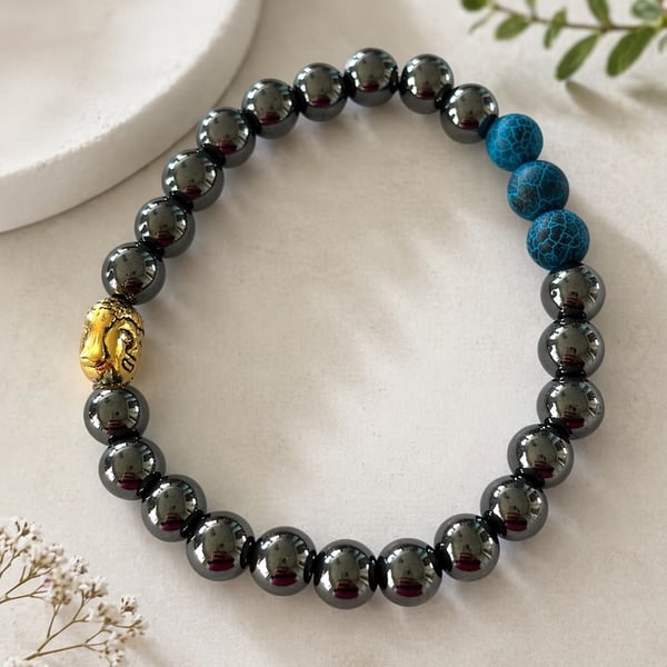 Unisex Bracelet Hematite and volcanic Stone.