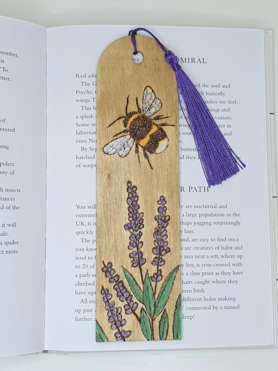 Bee and lavender pyrography wooden bookmark, bee lover stocking filler gift