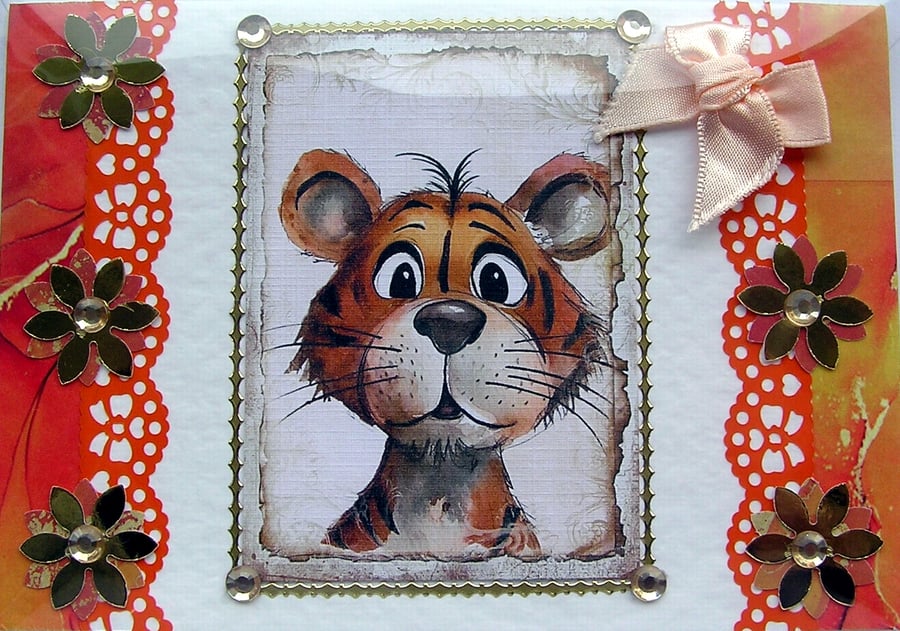 Tiger Hand Crafted Decoupage Card - Blank for any Occasion (2690)