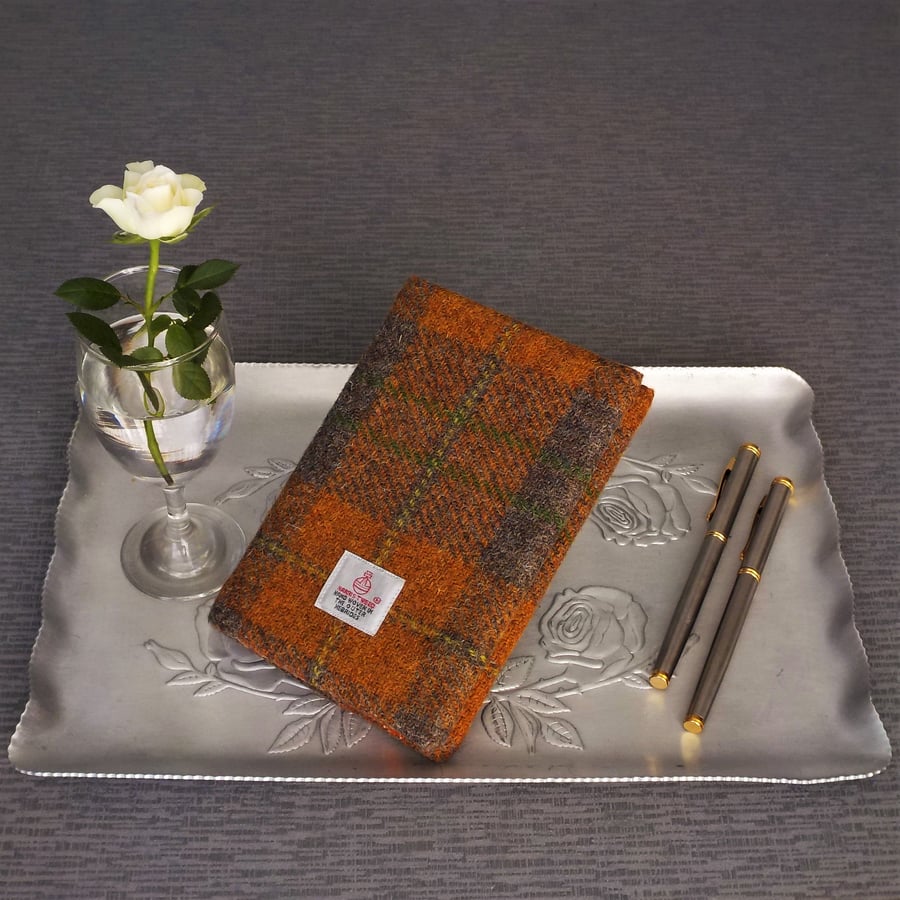 Harris tweed covered A6 notebook journal diary book orange and brown tartan