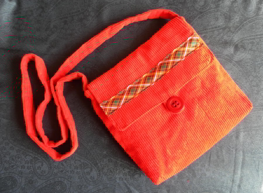 Shoulder Bag, Across Body Bag, Red Corduroy, Tartan Ribbon