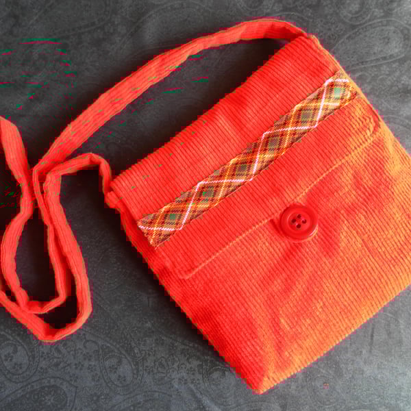 Shoulder Bag, Across Body Bag, Red Corduroy, Tartan Ribbon