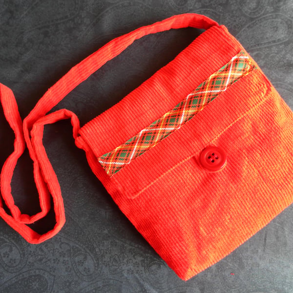 Shoulder Bag, Across Body Bag, Red Corduroy, Tartan Ribbon