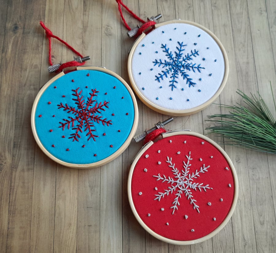 Three Hand Embroidered Metallic Snowflake Hanging Decorations 