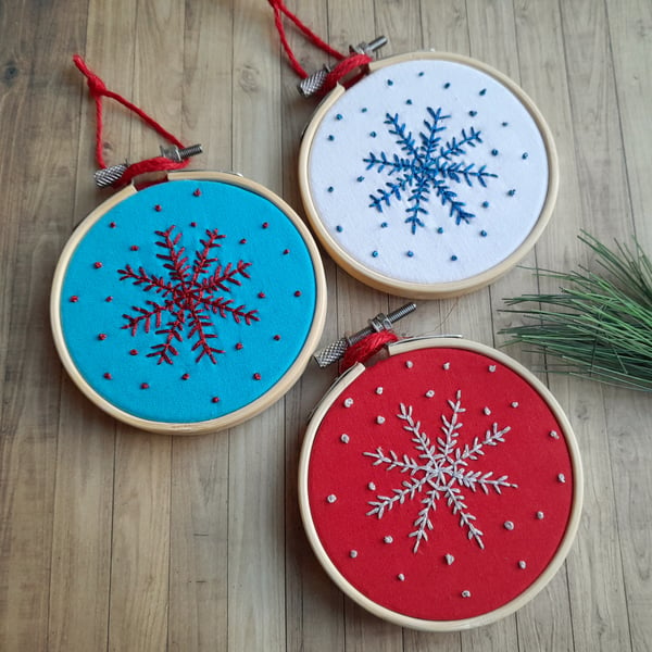 Three Hand Embroidered Metallic Snowflake Hanging Decorations 