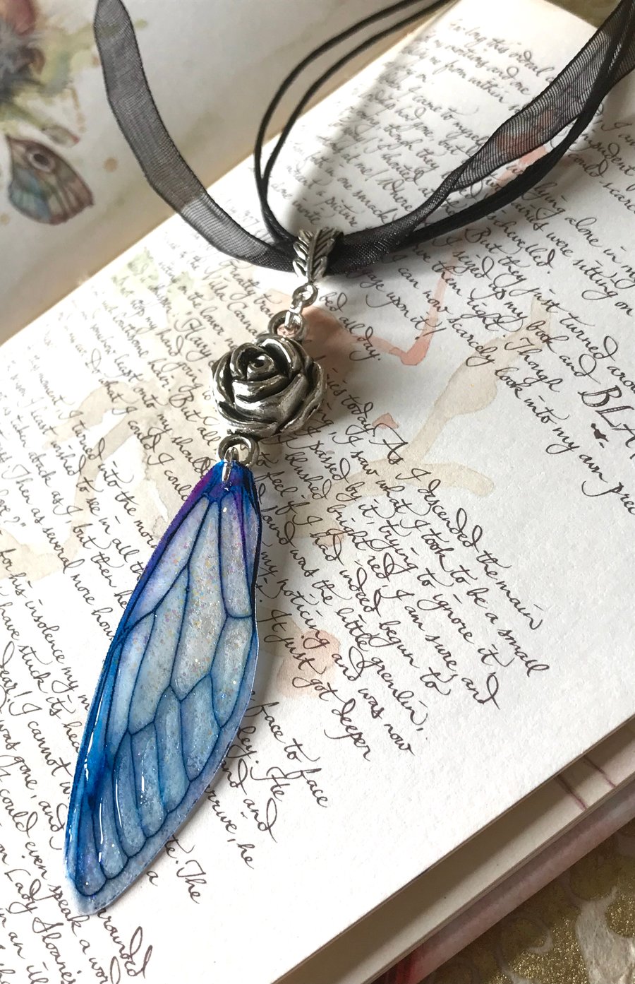 Rose and Blue Fairy Wing Necklace